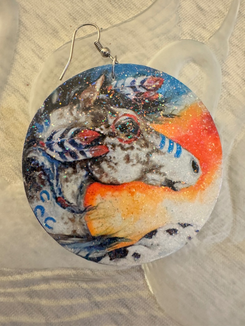 Lightweight Wood Painted Collaged Dangle Earring Colorful Horse Feathers Glitter